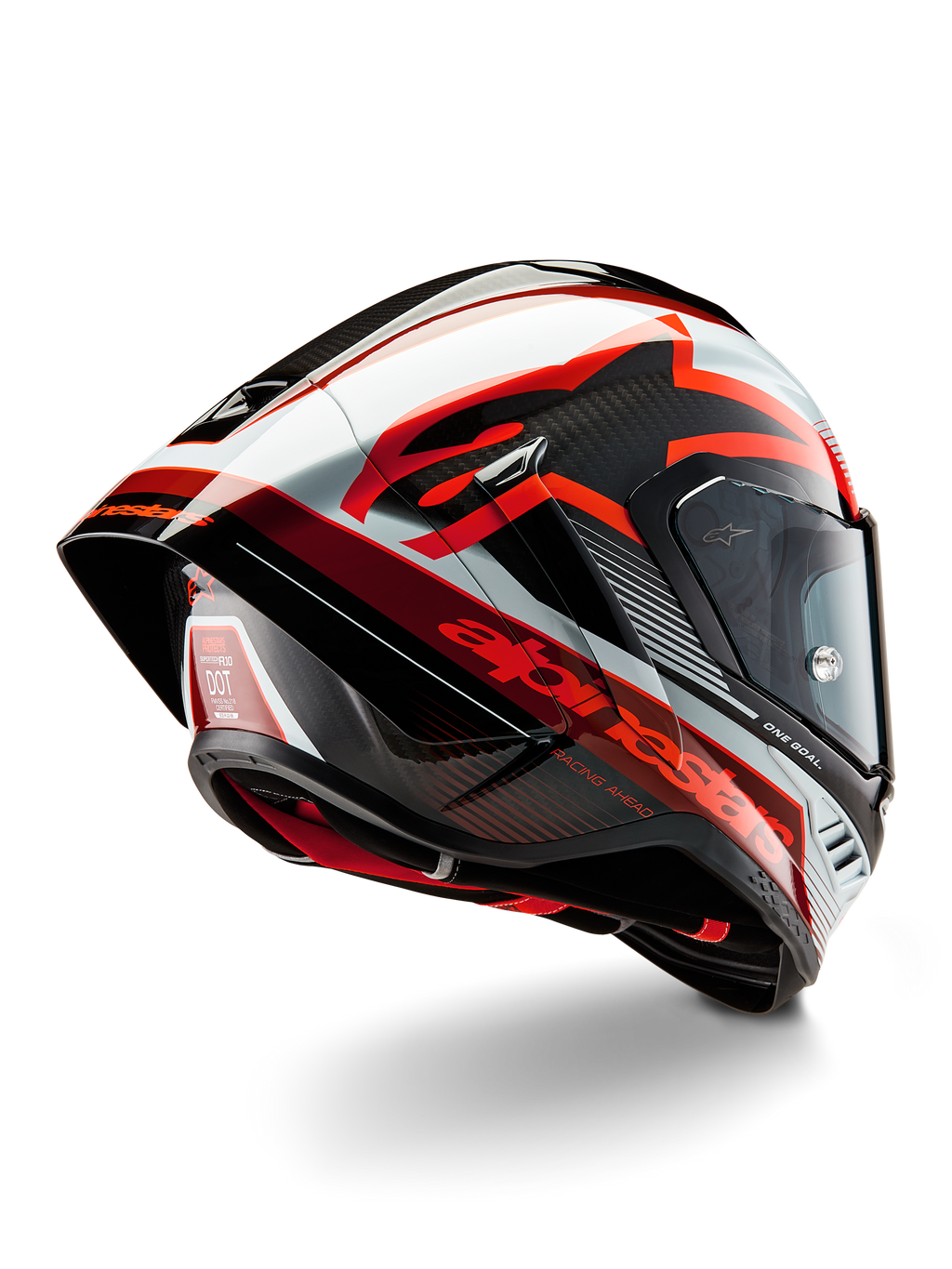 Alpinestars Supertech R10 Team hjälm, integralhjälm för racing, svart kolfiber, röd och vit blank finish, aerodynamisk design med bakre spoiler och synlig kolfiberstruktur, med framträdande Alpinestars-logotyper och DOT-certifieringsetikett