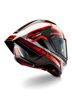 Alpinestars Supertech R10 Team hjälm, integralhjälm för racing, svart kolfiber, röd och vit blank finish, aerodynamisk design med bakre spoiler och synlig kolfiberstruktur, med framträdande Alpinestars-logotyper och DOT-certifieringsetikett