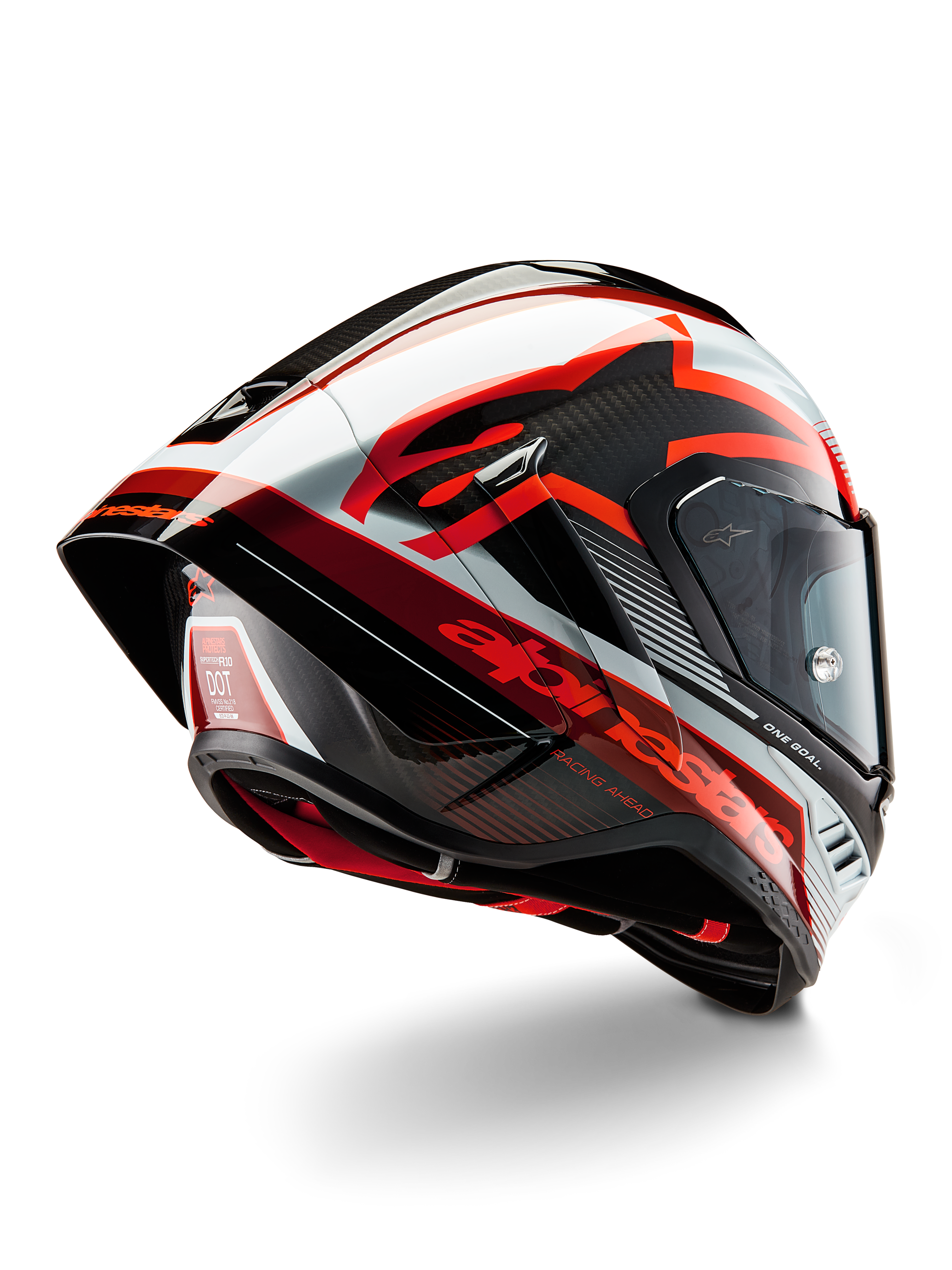 Alpinestars Supertech R10 Team hjälm, integralhjälm för racing, svart kolfiber, röd och vit blank finish, aerodynamisk design med bakre spoiler och synlig kolfiberstruktur, med framträdande Alpinestars-logotyper och DOT-certifieringsetikett