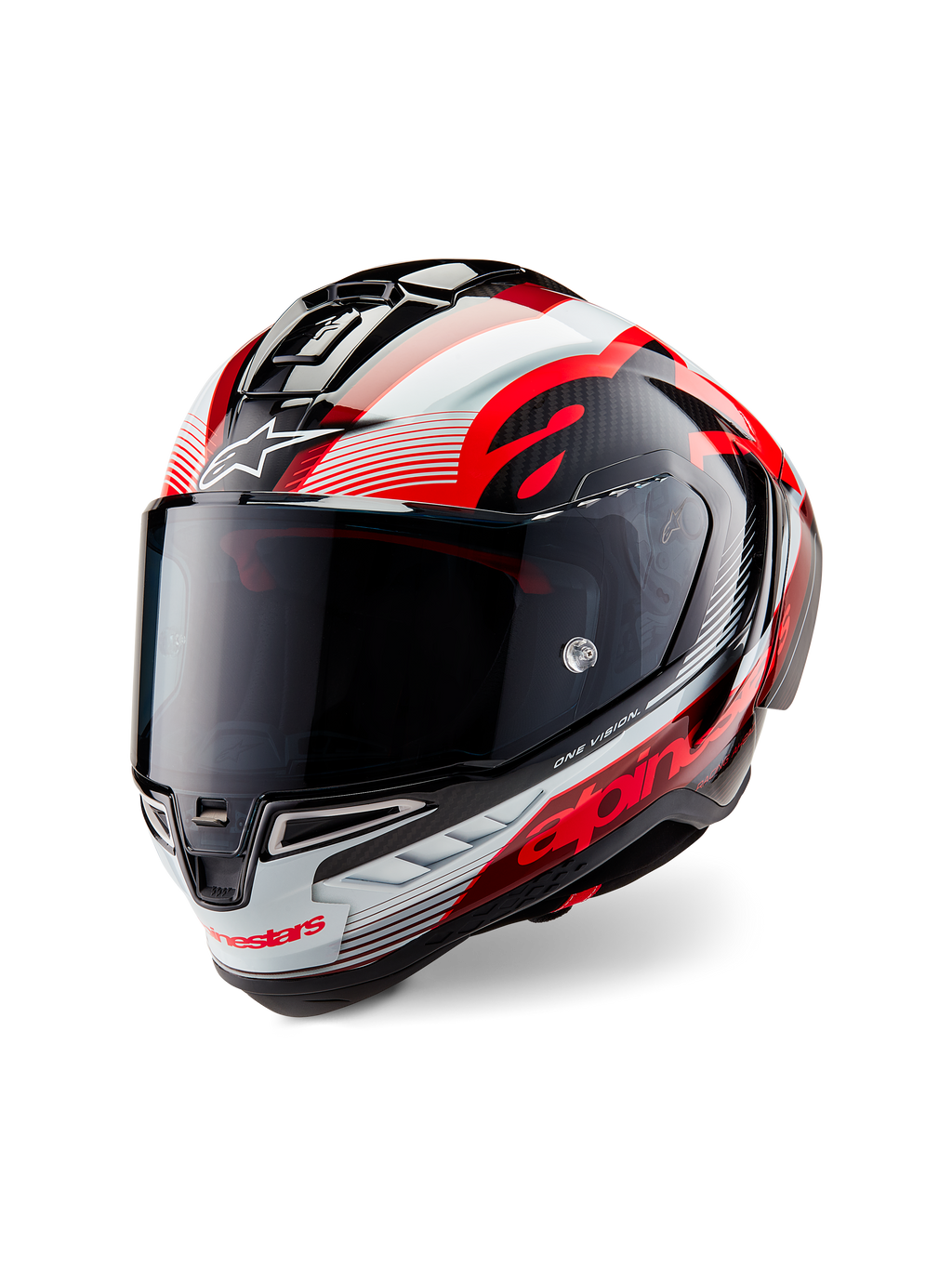 Alpinestars Supertech R10 Team-hjälm, integralhjälm för motorcykel, blank svart kolfiber med röd och vit grafik, aerodynamiskt skal, med tydlig Alpinestars-logotyp och tonat visir