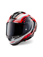 Alpinestars Supertech R10 Team-hjälm, integralhjälm för motorcykel, blank svart kolfiber med röd och vit grafik, aerodynamiskt skal, med tydlig Alpinestars-logotyp och tonat visir