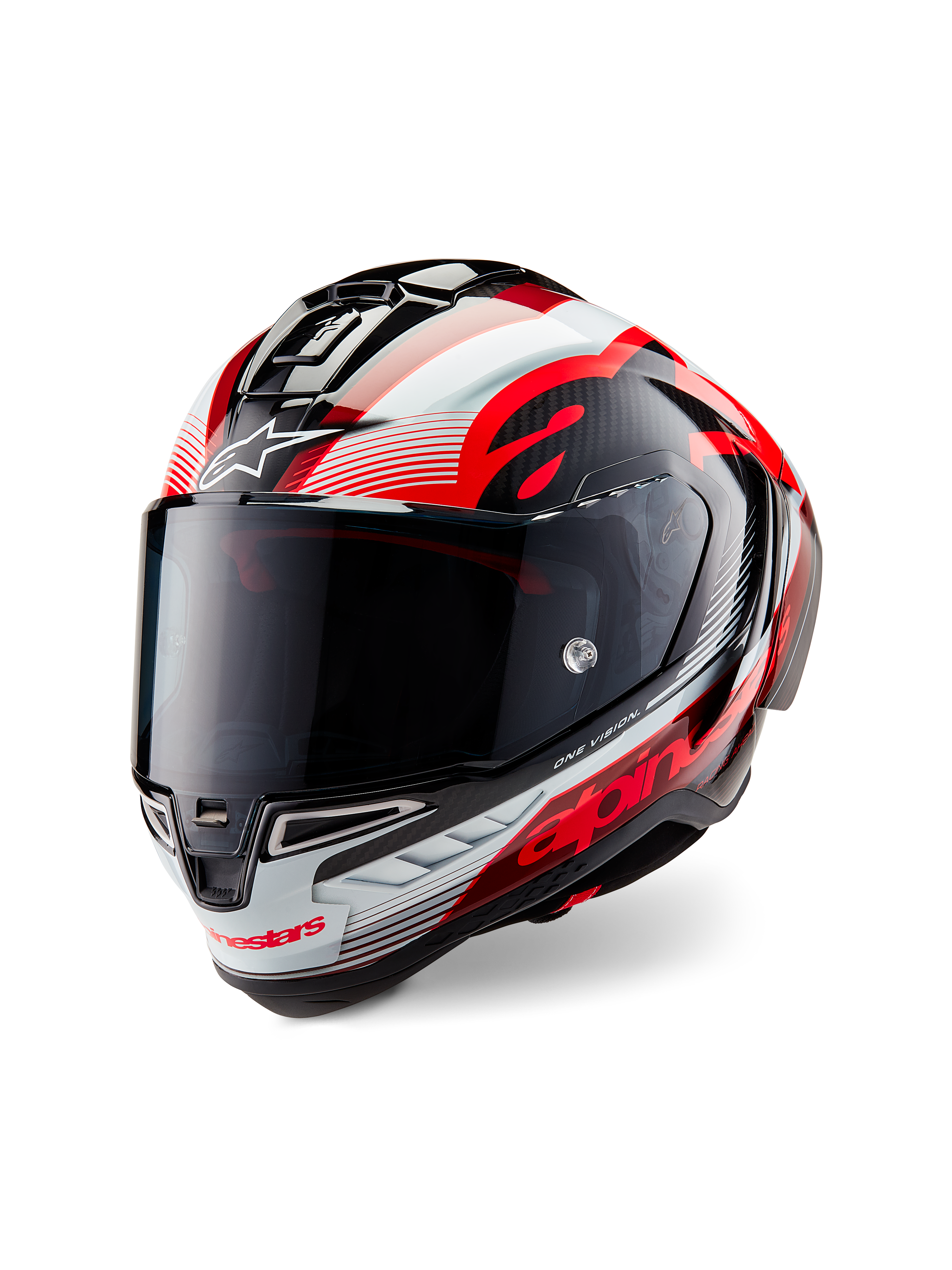 Alpinestars Supertech R10 Team-hjälm, integralhjälm för motorcykel, blank svart kolfiber med röd och vit grafik, aerodynamiskt skal, med tydlig Alpinestars-logotyp och tonat visir