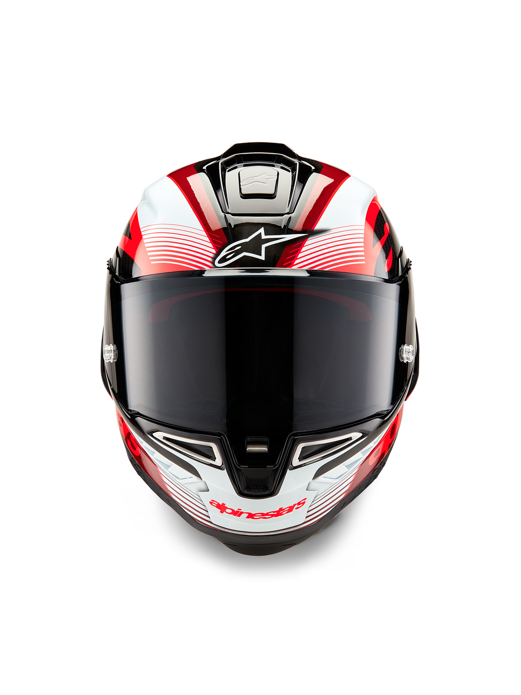 Alpinestars Supertech R10 Team-hjälm, sedd framifrån, svart kolfiber, röd och vit glansig finish, mörkt rökfärgat visir, vit Astar-logotyp i pannan, röd Alpinestars-logotyp på hakpartiet, aerodynamisk race-design med detaljerad grafik
