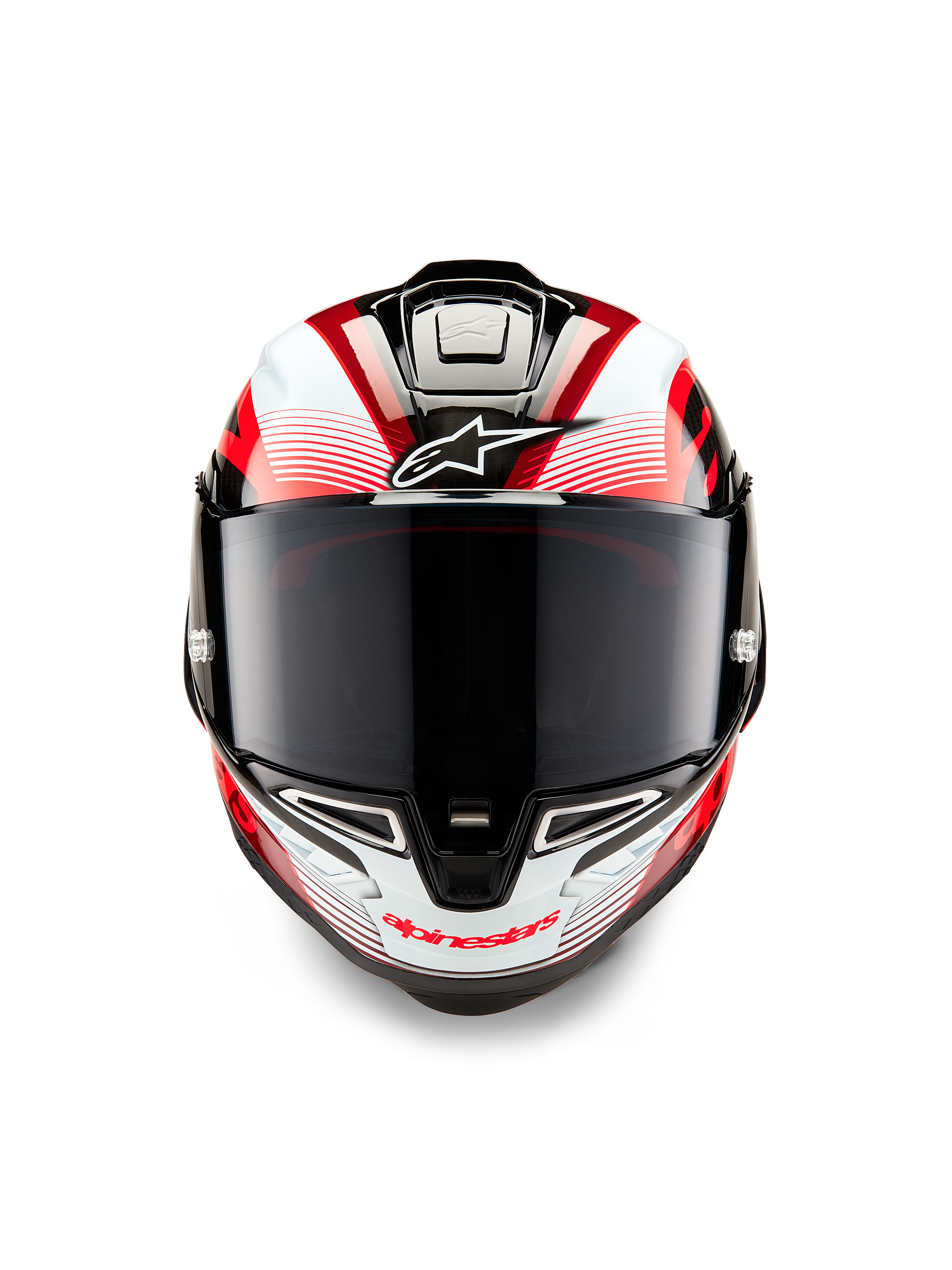 Alpinestars Supertech R10 Team-hjälm, sedd framifrån, svart kolfiber, röd och vit glansig finish, mörkt rökfärgat visir, vit Astar-logotyp i pannan, röd Alpinestars-logotyp på hakpartiet, aerodynamisk race-design med detaljerad grafik