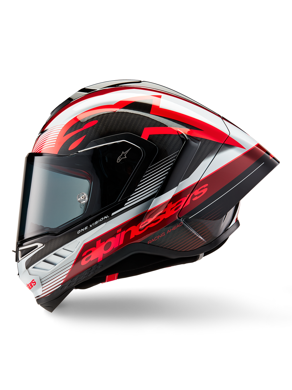 Alpinestars Supertech R10 Team-hjälm, heltäckande racinghjälm för motorcykel, blank finish i kolfibersvart, rött och vitt, sidoprofil som visar aerodynamisk design, framträdande röd logotyp med texten 'One Vision' och 'Racing Ahead', elegant kolfiberkonstruktion för professionell prestanda.