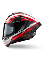 Alpinestars Supertech R10 Team-hjälm, heltäckande racinghjälm för motorcykel, blank finish i kolfibersvart, rött och vitt, sidoprofil som visar aerodynamisk design, framträdande röd logotyp med texten 'One Vision' och 'Racing Ahead', elegant kolfiberkonstruktion för professionell prestanda.