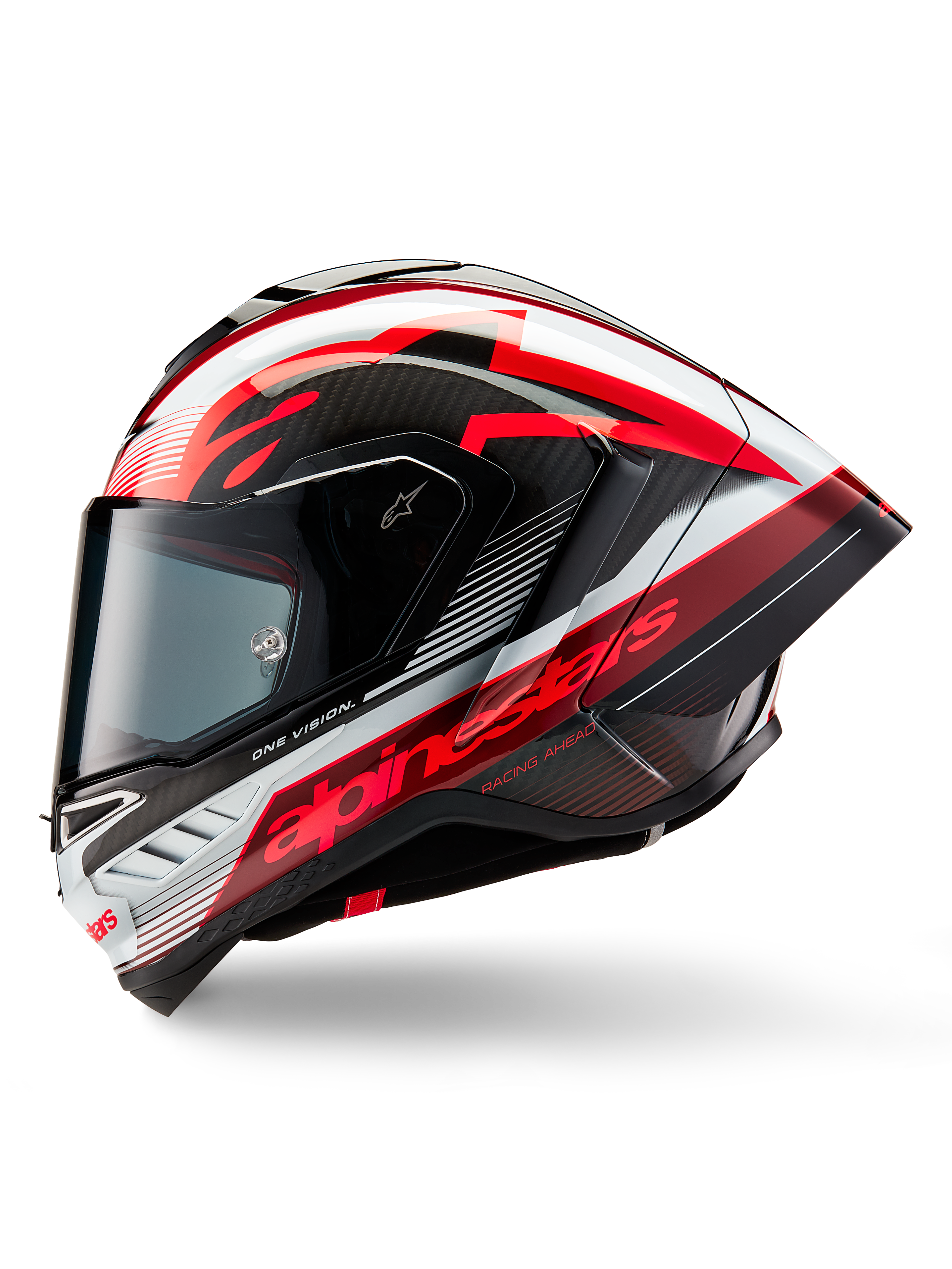 Alpinestars Supertech R10 Team-hjälm, heltäckande racinghjälm för motorcykel, blank finish i kolfibersvart, rött och vitt, sidoprofil som visar aerodynamisk design, framträdande röd logotyp med texten 'One Vision' och 'Racing Ahead', elegant kolfiberkonstruktion för professionell prestanda.