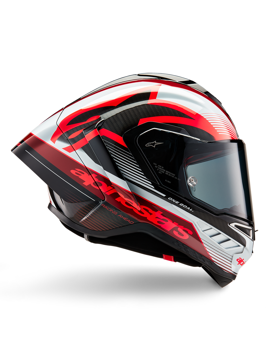 Alpinestars Supertech R10 Team-hjälm, motorcykelracinghjälm, svart kolfiber med röd och vit blank grafik, aerodynamisk profilvy med mörkt visir, kolfiberdetaljer och tydlig röd logotyp, högpresterande racingutrustning
