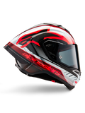 Alpinestars Supertech R10 Team-hjälm, motorcykelracinghjälm, svart kolfiber med röd och vit blank grafik, aerodynamisk profilvy med mörkt visir, kolfiberdetaljer och tydlig röd logotyp, högpresterande racingutrustning