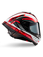 Alpinestars Supertech R10 Team-hjälm, motorcykelracinghjälm, svart kolfiber med röd och vit blank grafik, aerodynamisk profilvy med mörkt visir, kolfiberdetaljer och tydlig röd logotyp, högpresterande racingutrustning