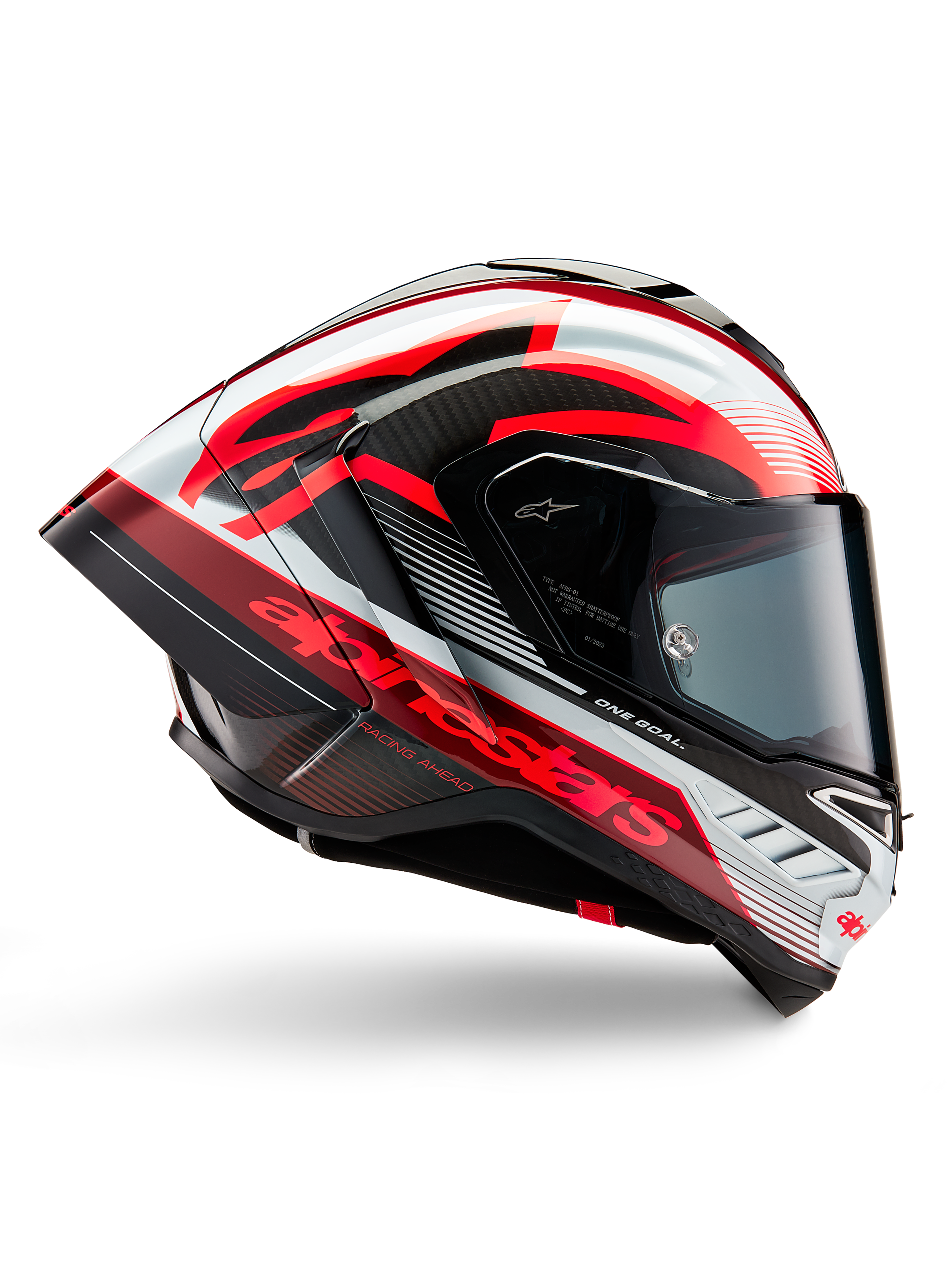 Alpinestars Supertech R10 Team-hjälm, motorcykelracinghjälm, svart kolfiber med röd och vit blank grafik, aerodynamisk profilvy med mörkt visir, kolfiberdetaljer och tydlig röd logotyp, högpresterande racingutrustning