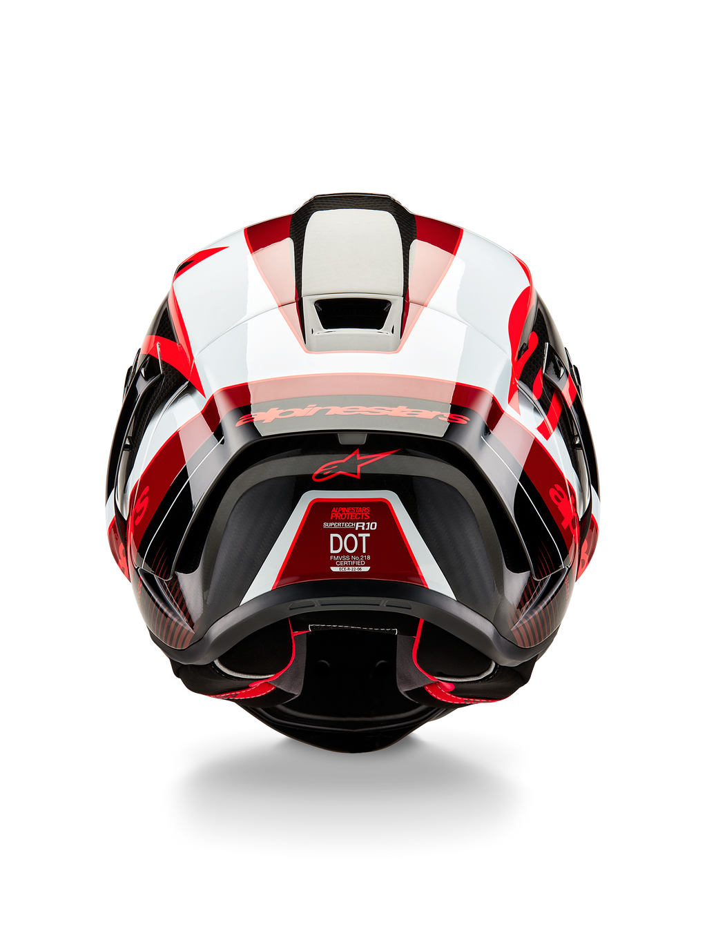 Alpinestars Supertech R10 Team hjälm, baksida, svart kolfiber, röd och vit glansig, aerodynamisk skaldesign med framträdande röda och vita paneler, Alpinestars-märkning på spoilern och en röd stjärnlogotyp, professionell racinghjälm för motorcykel
