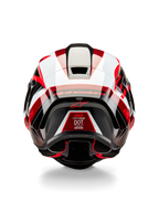 Alpinestars Supertech R10 Team hjälm, baksida, svart kolfiber, röd och vit glansig, aerodynamisk skaldesign med framträdande röda och vita paneler, Alpinestars-märkning på spoilern och en röd stjärnlogotyp, professionell racinghjälm för motorcykel