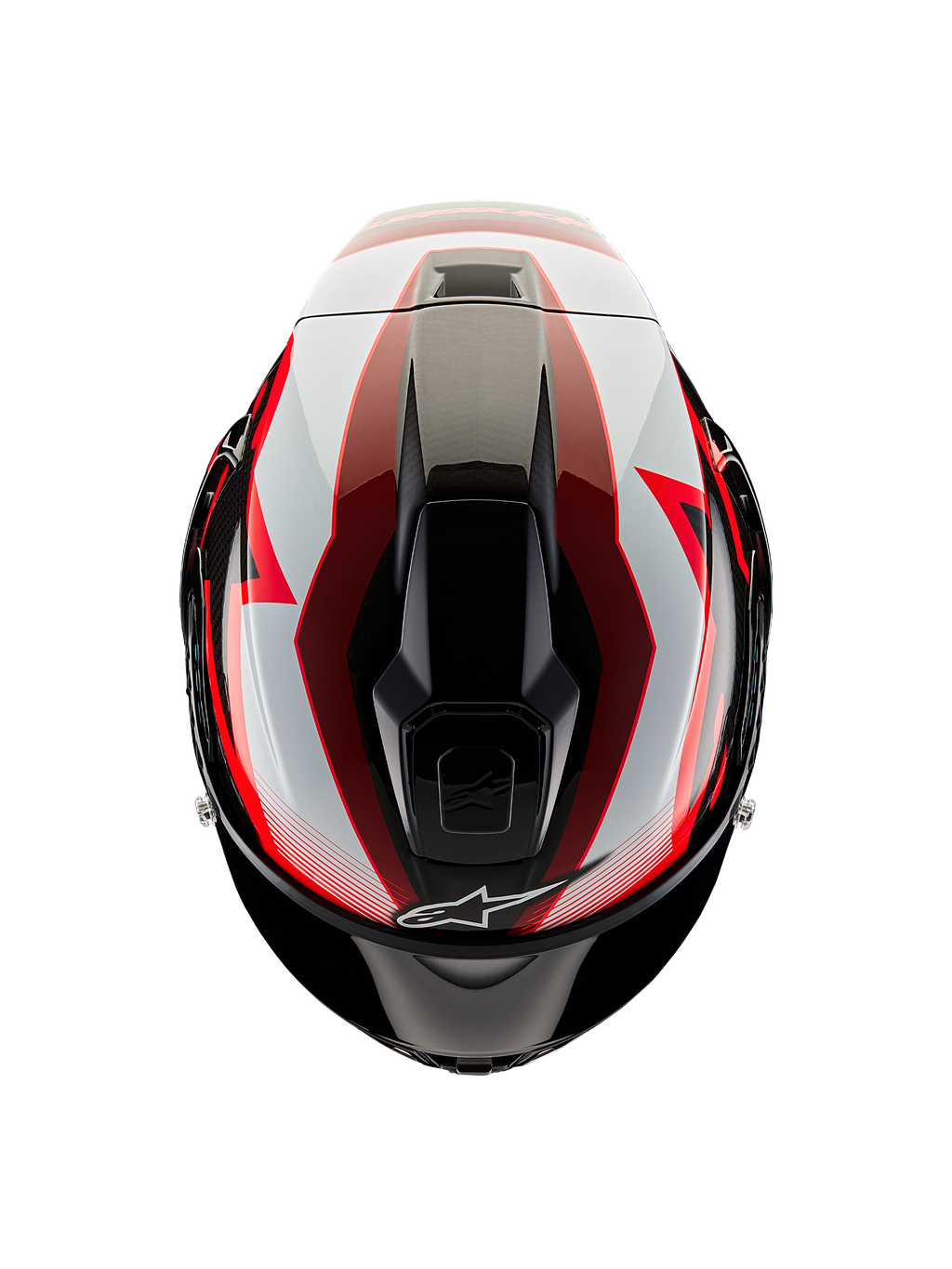 Alpinestars Supertech R10 Team-hjälm, vy uppifrån, svart kolfiber, röd och vit blank yta, aerodynamiskt skal med centrala ventilationsöppningar och distinkt racinggrafik, professionell sportmotorcykelhjälm