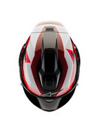 Alpinestars Supertech R10 Team-hjälm, vy uppifrån, svart kolfiber, röd och vit blank yta, aerodynamiskt skal med centrala ventilationsöppningar och distinkt racinggrafik, professionell sportmotorcykelhjälm