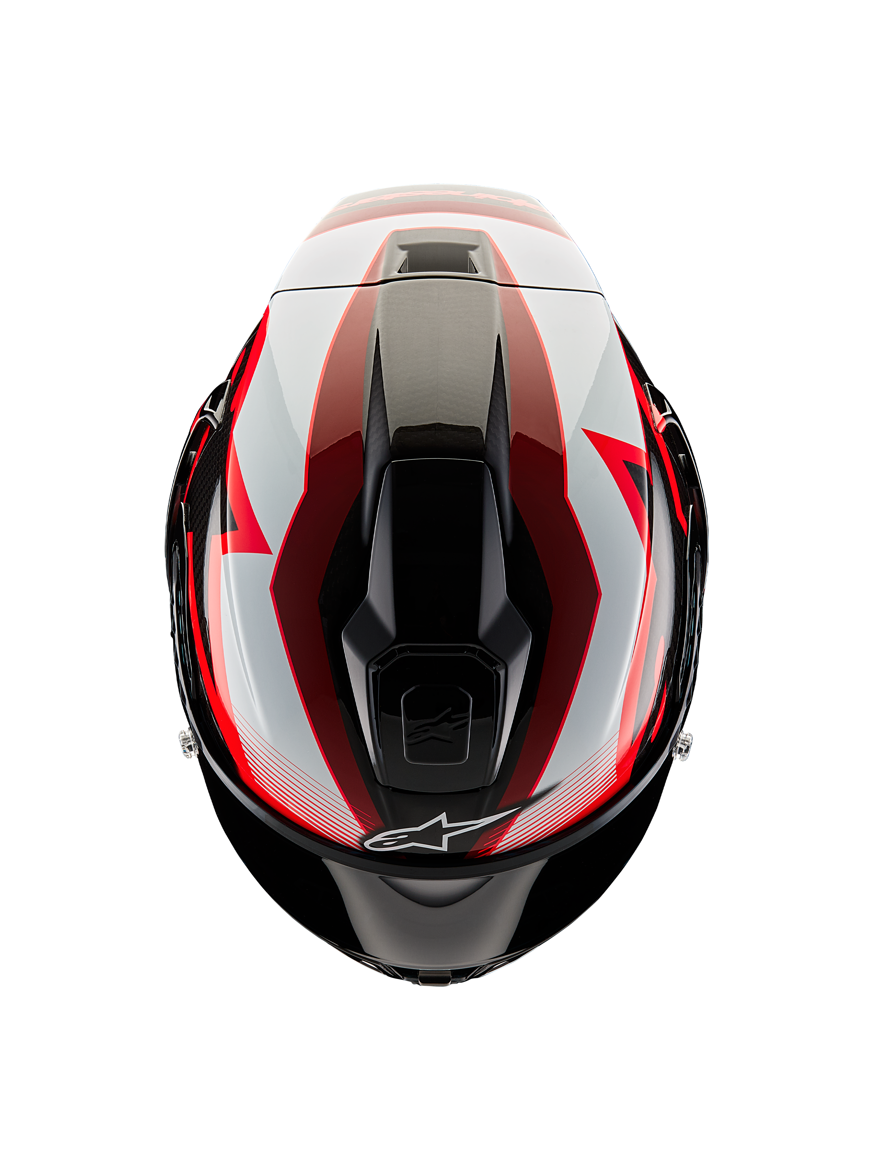 Alpinestars Supertech R10 Team-hjälm, vy uppifrån, svart kolfiber, röd och vit blank yta, aerodynamiskt skal med centrala ventilationsöppningar och distinkt racinggrafik, professionell sportmotorcykelhjälm