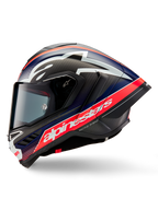 Alpinestars Supertech R10 Team Helmet, side profile view, Black Carbon Red Fluo and Blue Matte, featuring a large white Alpinestars logo on a red stripe, aerodynamic carbon fiber shell with a tinted visor, high-performance motorcycle racing gear