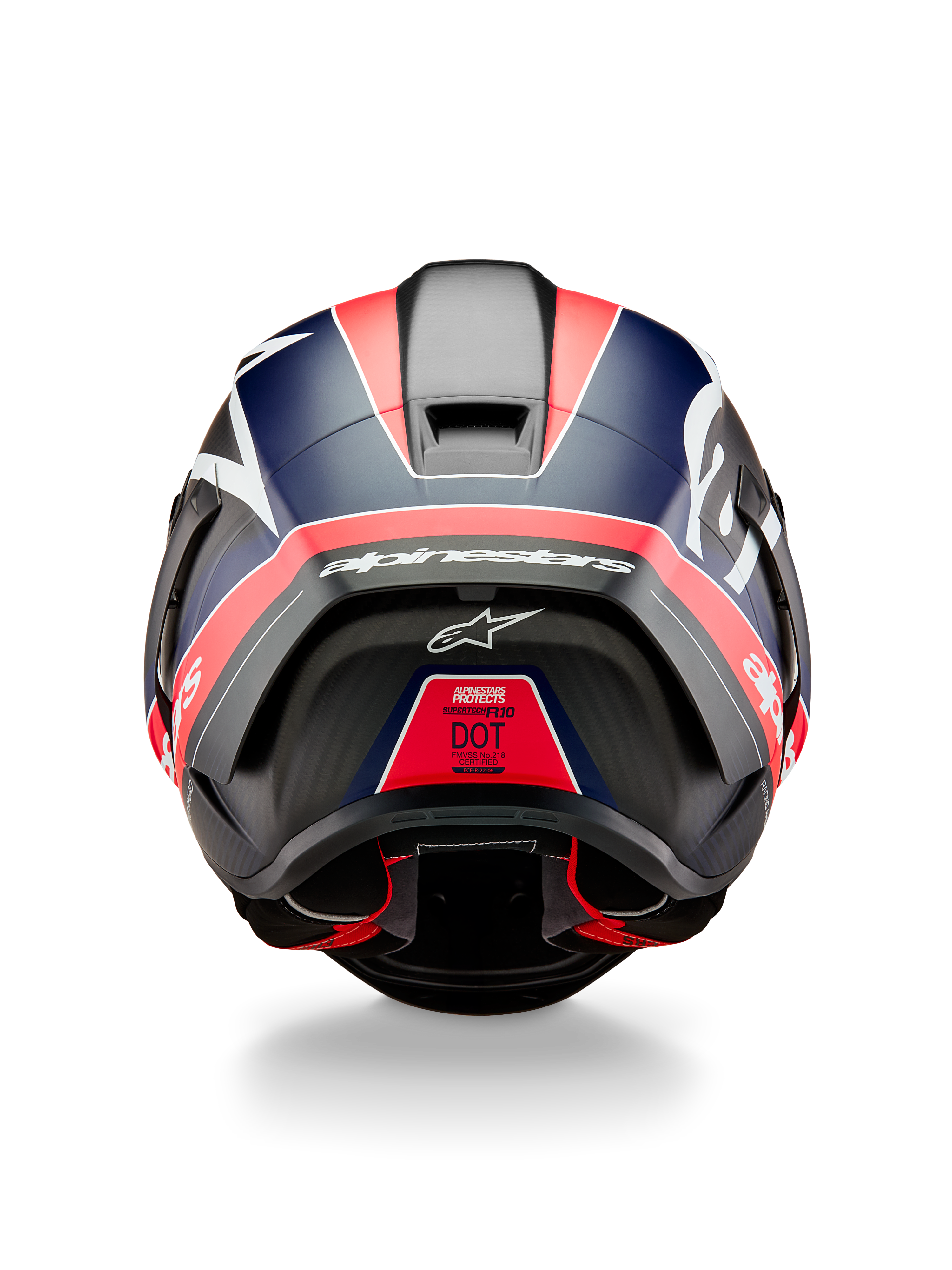 Alpinestars Supertech R10 Team Helmet, Rear View, Black Carbon with Red Fluo and Blue Matte accents, featuring an aerodynamic spoiler, bold white Alpinestars branding, and DOT certification label, professional motorsport gear