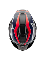 Alpinestars Supertech R10 Team Helmet, top-down view, Black Carbon with Red Fluo and Matte Blue graphics, featuring an aerodynamic shell design with top ventilation ports and bold racing accents.