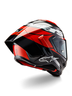 Alpinestars Supertech R10 Element hjälm, svart kolfiber, ljusröd och vit blank, trekvartsvy bakifrån som visar stor aerodynamisk spoiler och kolfiberskal, med tydliga Alpinestars-logotyper och DOT-certifiering