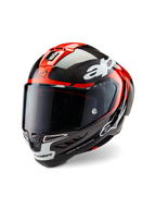 Alpinestars Supertech R10 Element-hjälm, racinghjälm för motorcykel, blank svart kolfiber, klarröd och vit, trekvartsvy framifrån med mörkt tonat visir, blankt kolfiberskal, röda toppventiler, vita accenter på hakan och tydlig Alpinestars-logotyp, designad för aerodynamisk racingprestanda.