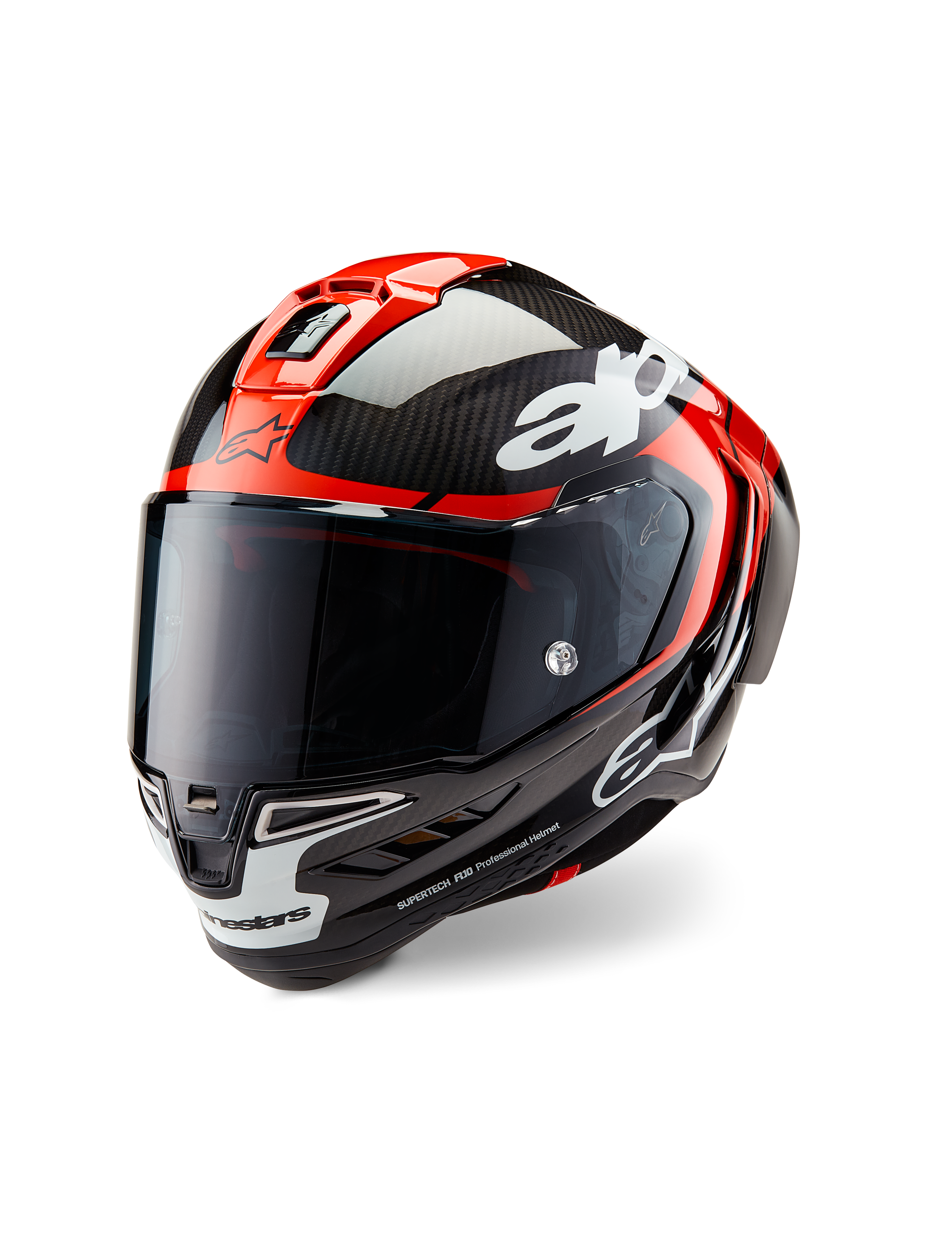Alpinestars Supertech R10 Element-hjälm, racinghjälm för motorcykel, blank svart kolfiber, klarröd och vit, trekvartsvy framifrån med mörkt tonat visir, blankt kolfiberskal, röda toppventiler, vita accenter på hakan och tydlig Alpinestars-logotyp, designad för aerodynamisk racingprestanda.