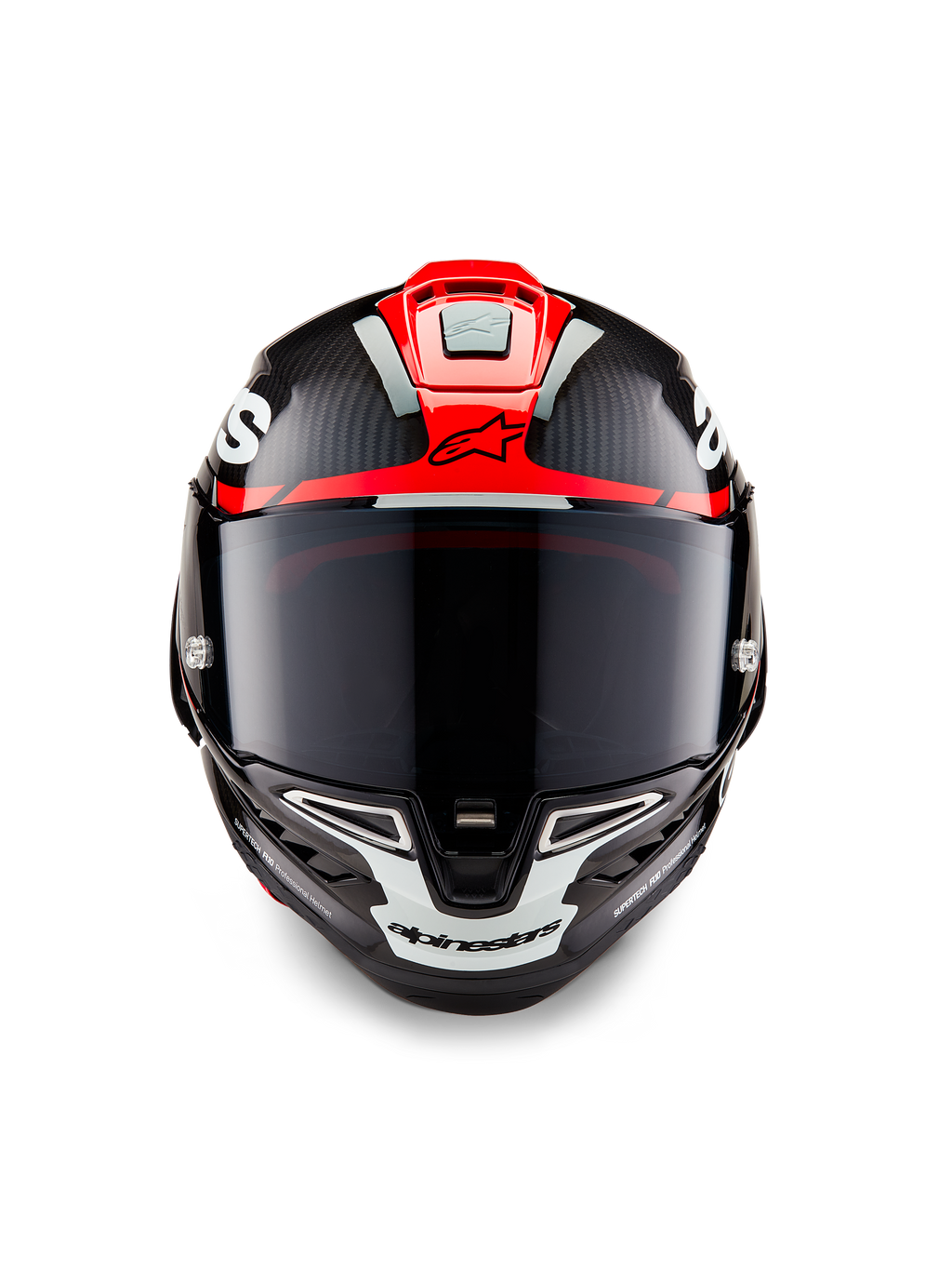 Alpinestars Supertech R10 Element-hjälm, svart kolfiber med glansig grafik i klarrött och vitt, frontal vy med mörkt rökfärgat visir, synlig kolfiberstruktur och integrerad ventilation, professionell racinghjälm