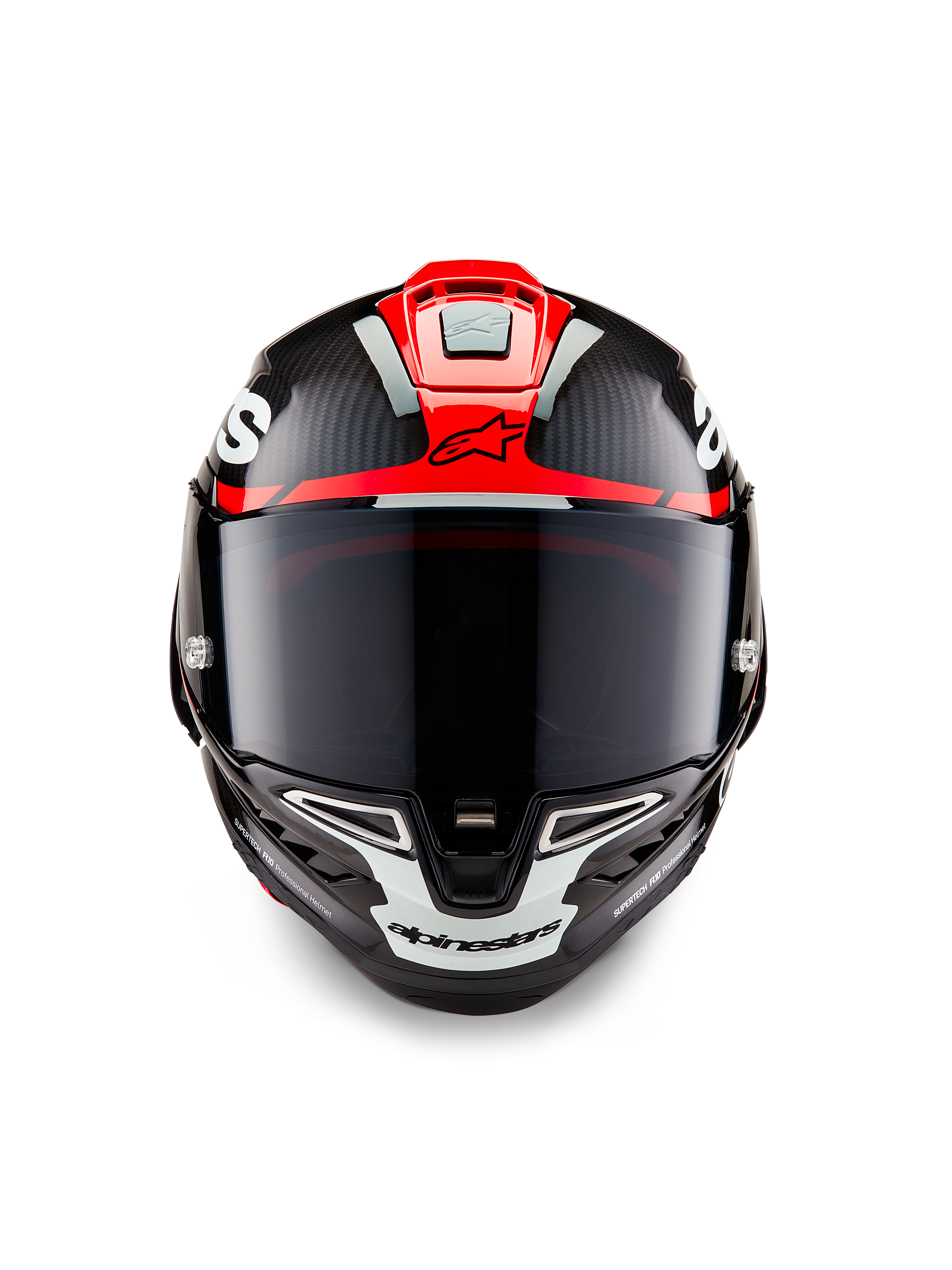 Alpinestars Supertech R10 Element-hjälm, svart kolfiber med glansig grafik i klarrött och vitt, frontal vy med mörkt rökfärgat visir, synlig kolfiberstruktur och integrerad ventilation, professionell racinghjälm
