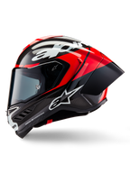 Alpinestars Supertech R10 Element hjälm, integralhjälm för racing, svart kolfiber, klarröd och vit blank yta, sidoprofilvy som visar aerodynamiskt kolfiberskal med synlig väv, vit Alpinestars-logotyp och integrerad bakre spoiler