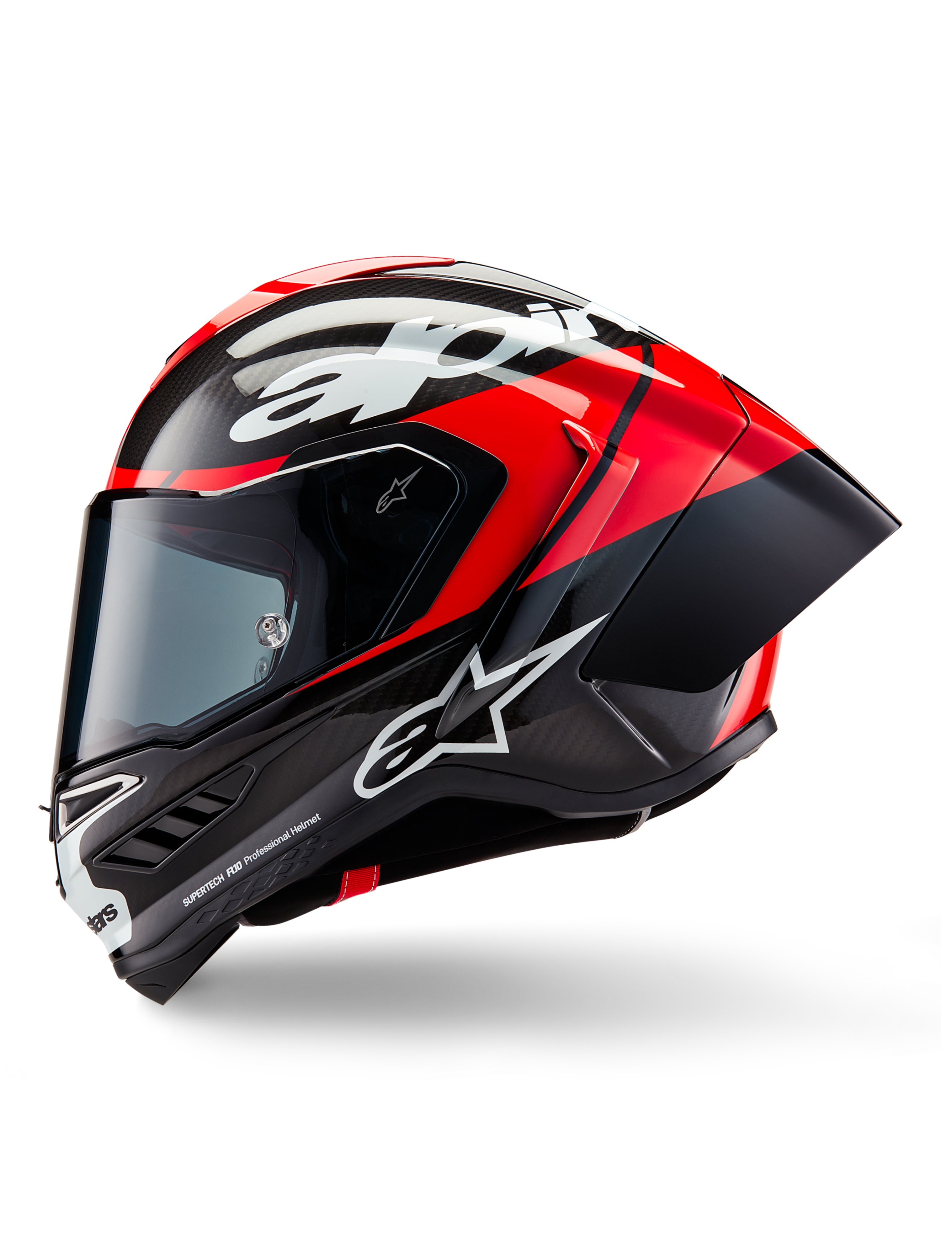 Alpinestars Supertech R10 Element hjälm, integralhjälm för racing, svart kolfiber, klarröd och vit blank yta, sidoprofilvy som visar aerodynamiskt kolfiberskal med synlig väv, vit Alpinestars-logotyp och integrerad bakre spoiler