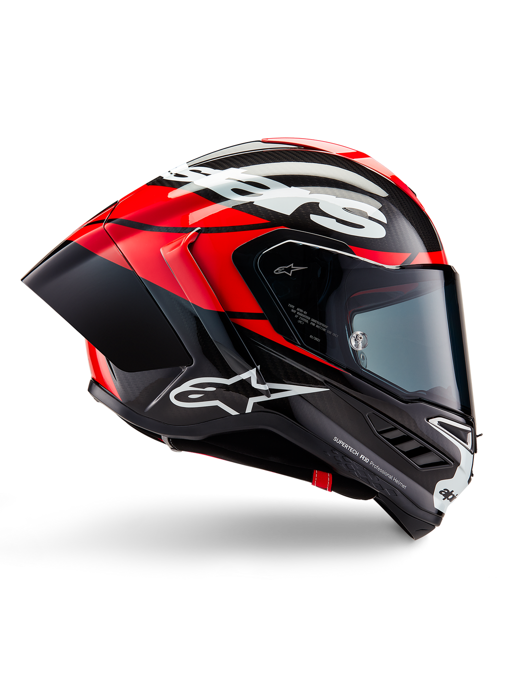 Alpinestars Supertech R10 Element hjälm, heltäckande racinghjälm för motorcykel, svart kolfiber med ljusröda och vita detaljer, sidoprofil som visar aerodynamiskt kolfiberskal, blank finish med vit logotyp, tonat visir, professionellt racingskydd