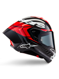 Alpinestars Supertech R10 Element hjälm, heltäckande racinghjälm för motorcykel, svart kolfiber med ljusröda och vita detaljer, sidoprofil som visar aerodynamiskt kolfiberskal, blank finish med vit logotyp, tonat visir, professionellt racingskydd