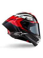 Alpinestars Supertech R10 Element hjälm, heltäckande racinghjälm för motorcykel, svart kolfiber med ljusröda och vita detaljer, sidoprofil som visar aerodynamiskt kolfiberskal, blank finish med vit logotyp, tonat visir, professionellt racingskydd
