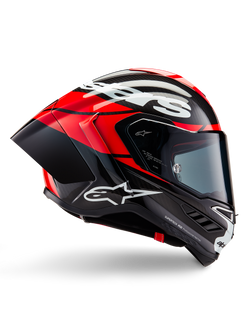 Alpinestars Supertech R10 Element Helmet, Full-face motorcycle racing helmet, Black Carbon with Bright Red and White accents, side profile showing aerodynamic carbon fiber shell, glossy finish with white logo, tinted visor, professional racing protection