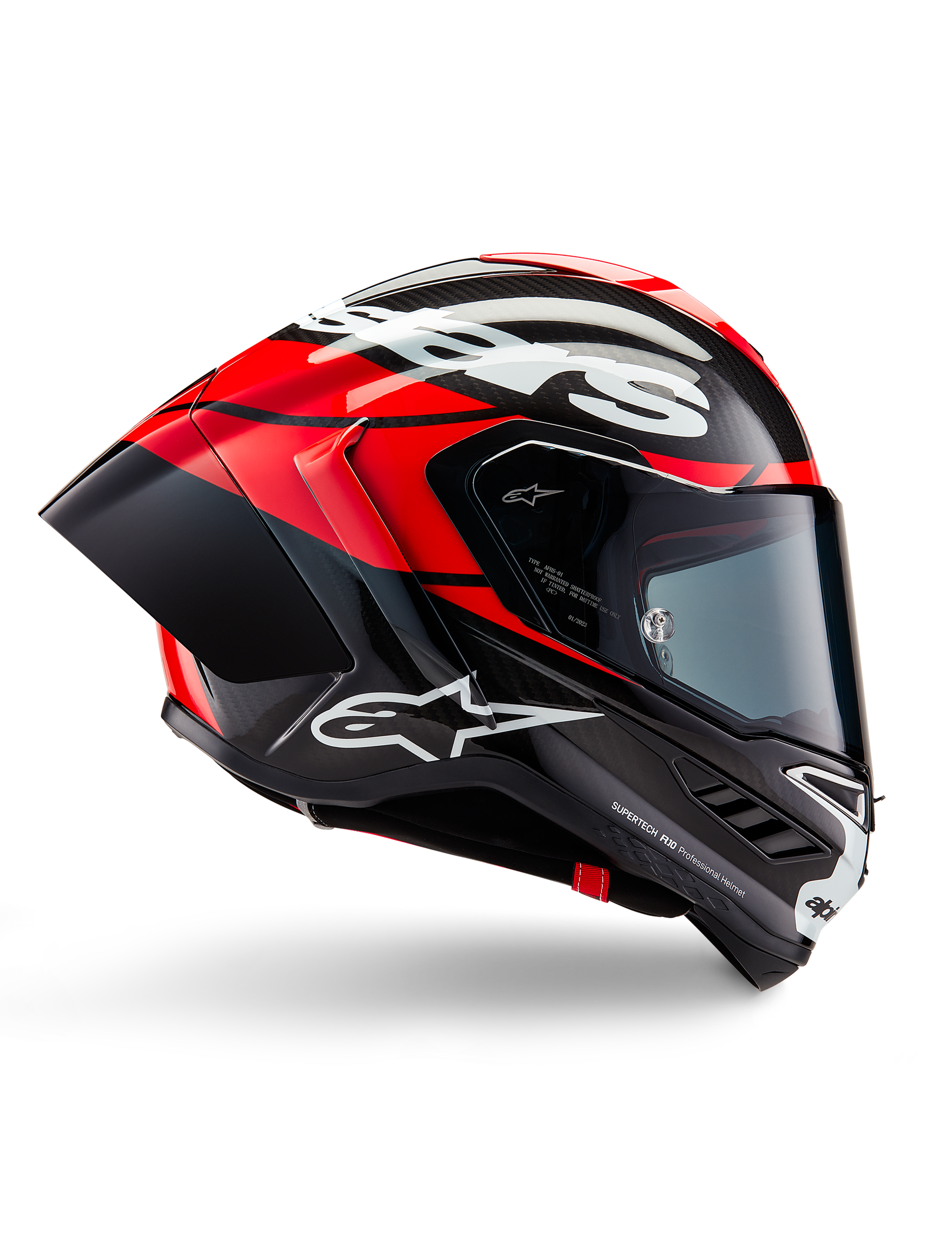 Alpinestars Supertech R10 Element hjälm, heltäckande racinghjälm för motorcykel, svart kolfiber med ljusröda och vita detaljer, sidoprofil som visar aerodynamiskt kolfiberskal, blank finish med vit logotyp, tonat visir, professionellt racingskydd