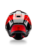 Alpinestars Supertech R10 Element-hjälm, sedd bakifrån, svart kolfiber med högblanka klarröda och vita detaljer, utrustad med aerodynamisk bakspoiler, ventilationsöppningar och DOT-certifieringsetikett, strömlinjeformad racinginspirerad design med kolfiberdetaljer