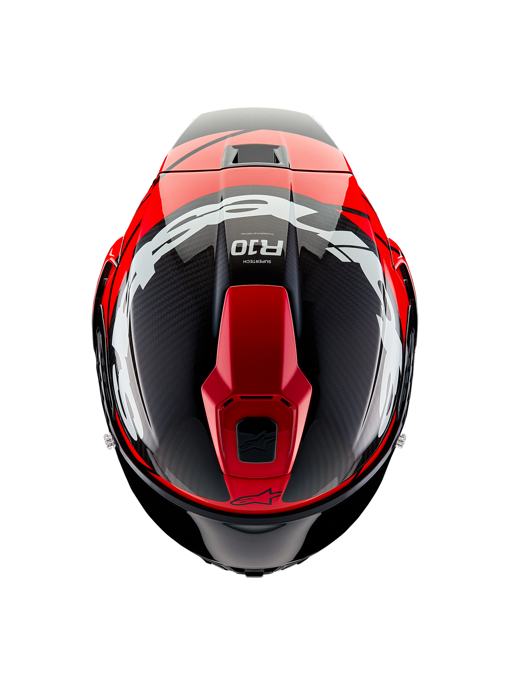 Alpinestars Supertech R10 Element-hjälm, vy ovanifrån, svart kolfiber med klarröd och vit blank grafik, aerodynamisk racinghjälm med stora vita logotyper och synlig kolfiberväv
