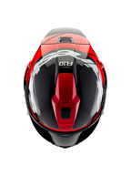 Alpinestars Supertech R10 Element-hjälm, vy ovanifrån, svart kolfiber med klarröd och vit blank grafik, aerodynamisk racinghjälm med stora vita logotyper och synlig kolfiberväv