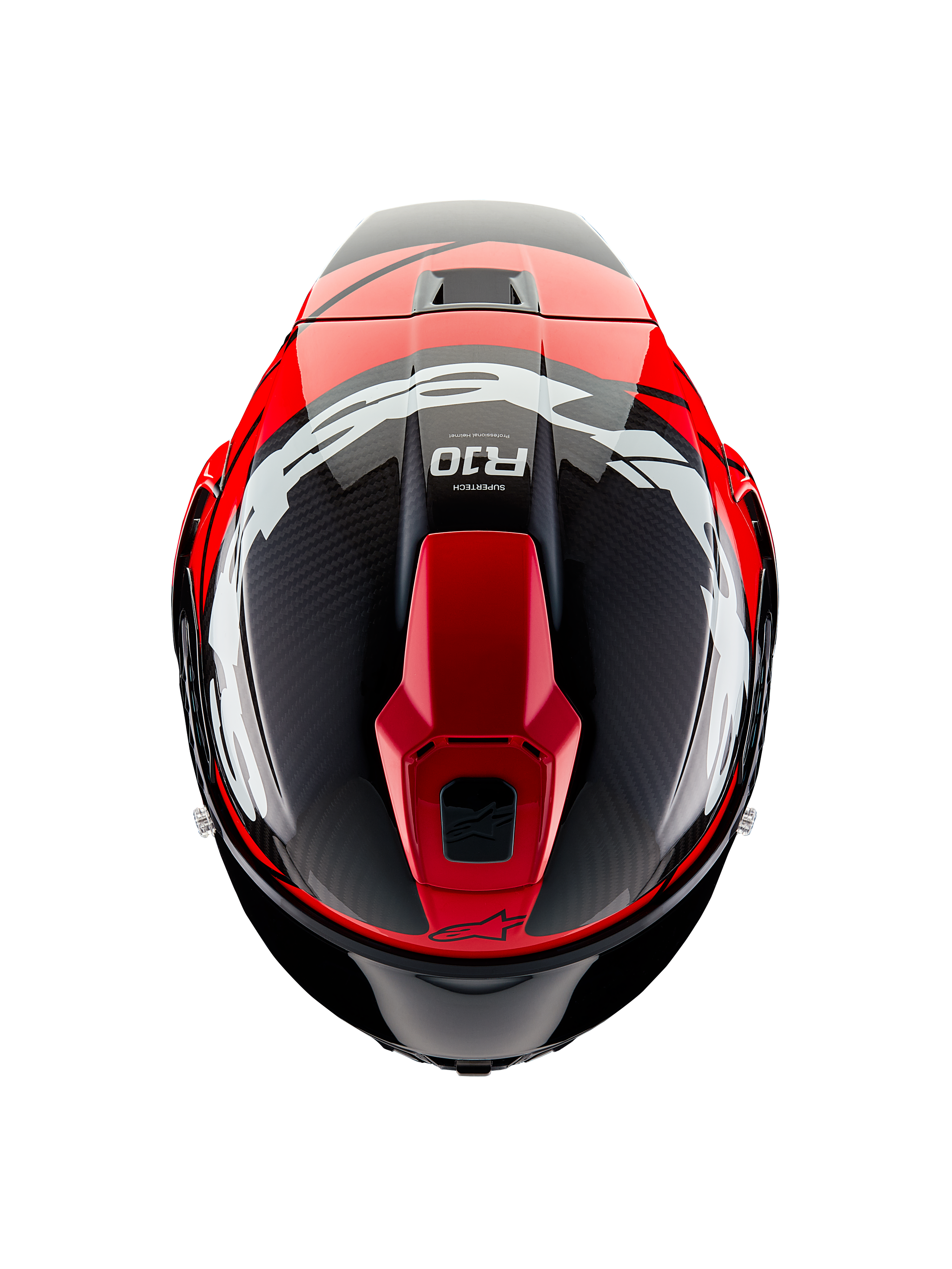 Alpinestars Supertech R10 Element-hjälm, vy ovanifrån, svart kolfiber med klarröd och vit blank grafik, aerodynamisk racinghjälm med stora vita logotyper och synlig kolfiberväv