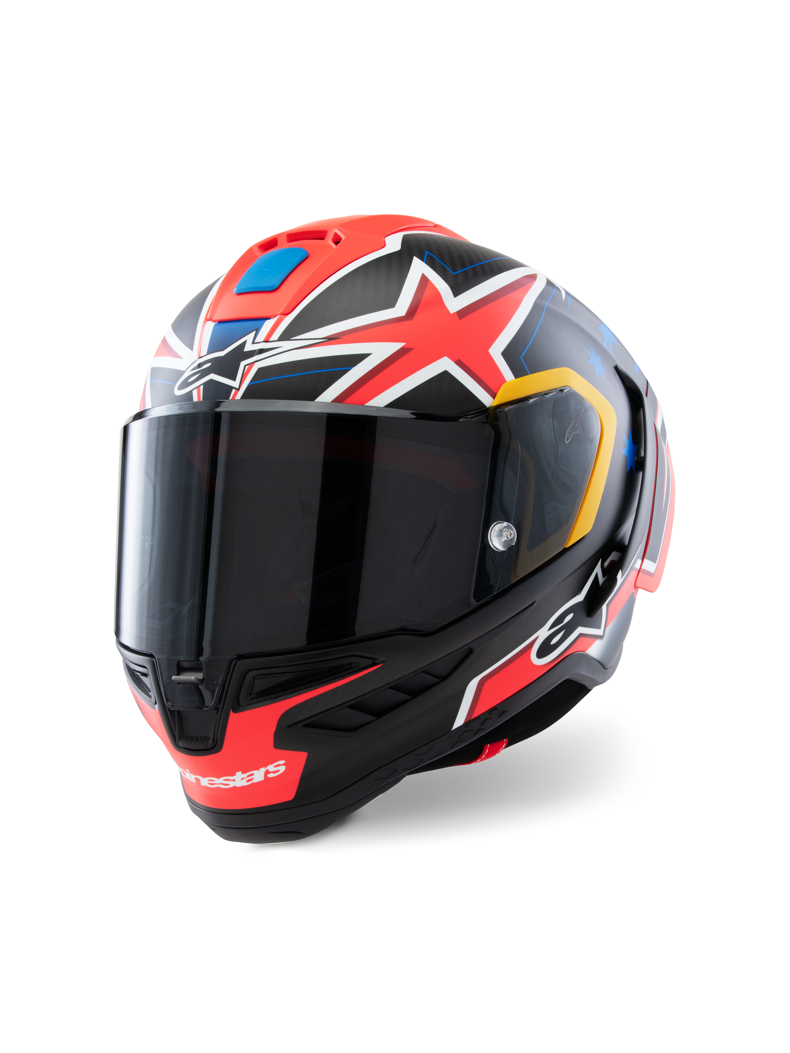 Alpinestars Supertech R10 Miller Limited Edition Helmet, full-face racing helmet, Carbon Red Matt with red stars, blue and yellow graphic accents, dark smoke visor, aerodynamic carbon shell for professional motorcycle racing