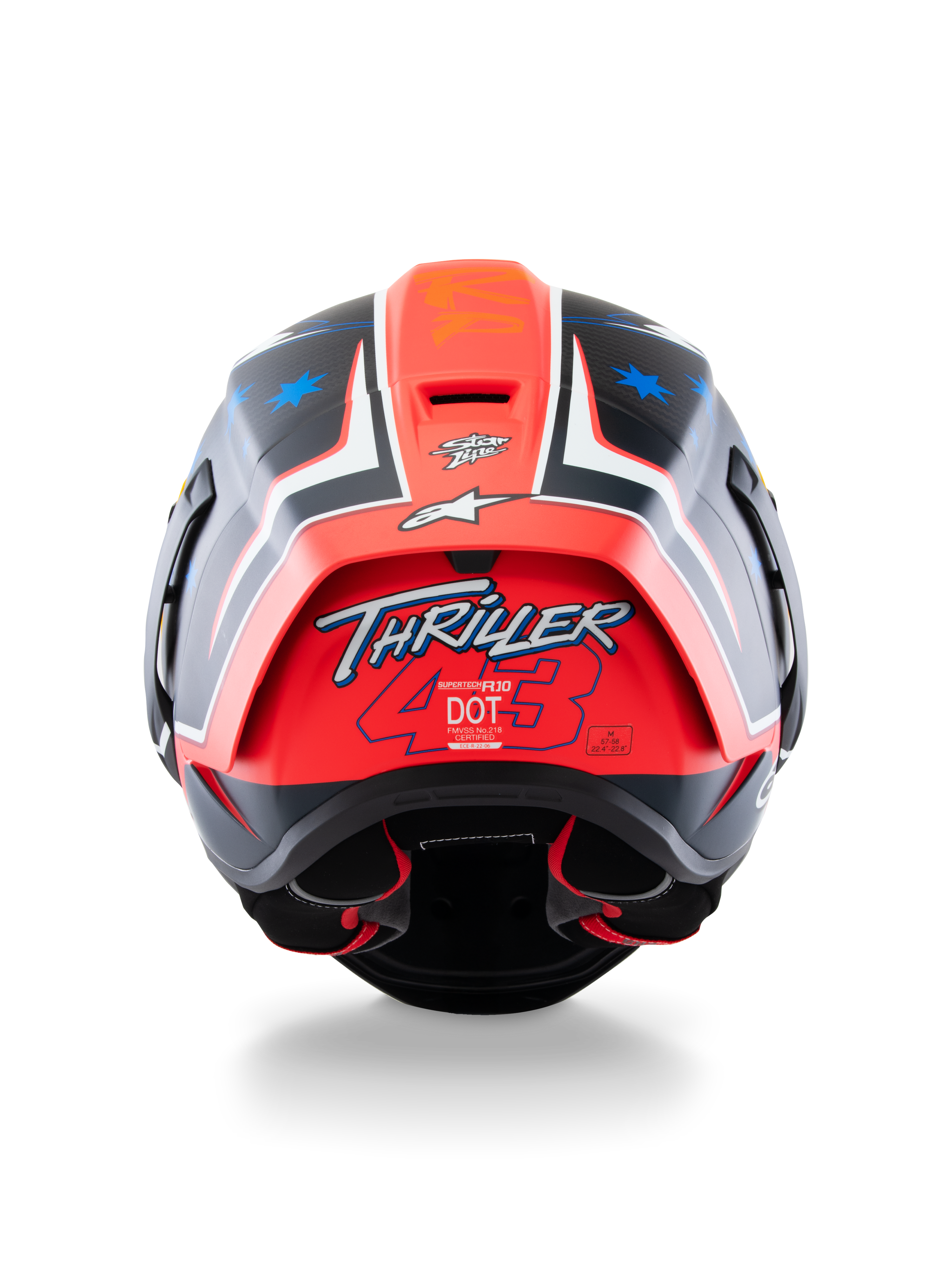 Alpinestars Supertech R10 Miller Limited Edition Helmet, Full-Face Racing Helmet, Carbon Red Matt with blue star graphics, rear view highlighting the 'Thriller 43' logo on the red spoiler, aerodynamic design with certification labels