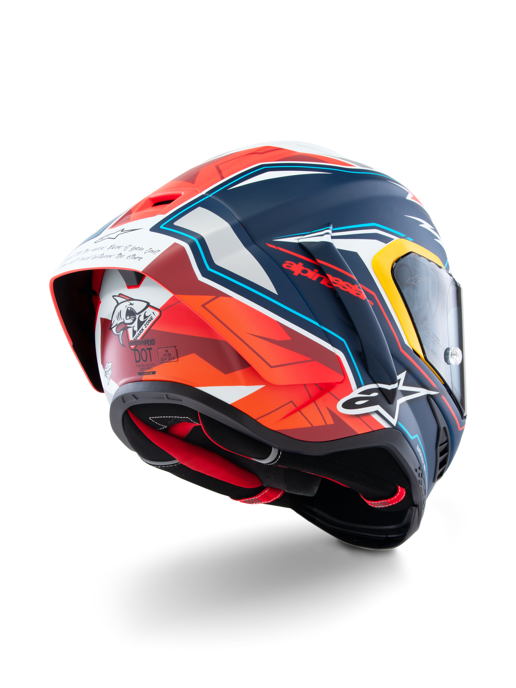 Alpinestars Supertech R10 Acosta Limited Edition-hjälm, sedd snett bakifrån, matt finish i blått, rött och vitt, med aerodynamisk spoiler, hajgrafik på baksidan, Alpinestars-logotyper och DOT-certifiering, högpresterande racinghjälm för motorcykel