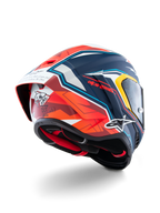 Alpinestars Supertech R10 Acosta Limited Edition-hjälm, sedd snett bakifrån, matt finish i blått, rött och vitt, med aerodynamisk spoiler, hajgrafik på baksidan, Alpinestars-logotyper och DOT-certifiering, högpresterande racinghjälm för motorcykel