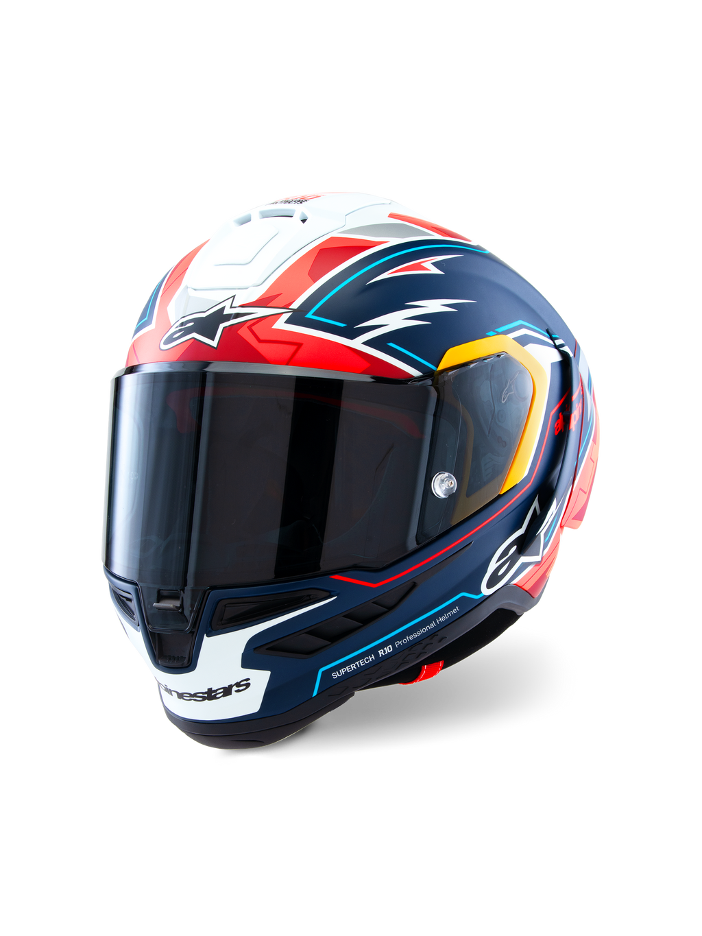 Alpinestars Supertech R10 Acosta Limited Edition hjälm, integralhjälm för motorcykelracing, matt blå, röd och vit med grafiska detaljer, aerodynamisk kolfiberskalsdesign, mörkt rökfärgat visir, högpresterande professionell skyddsutrustning