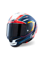 Alpinestars Supertech R10 Acosta Limited Edition hjälm, integralhjälm för motorcykelracing, matt blå, röd och vit med grafiska detaljer, aerodynamisk kolfiberskalsdesign, mörkt rökfärgat visir, högpresterande professionell skyddsutrustning