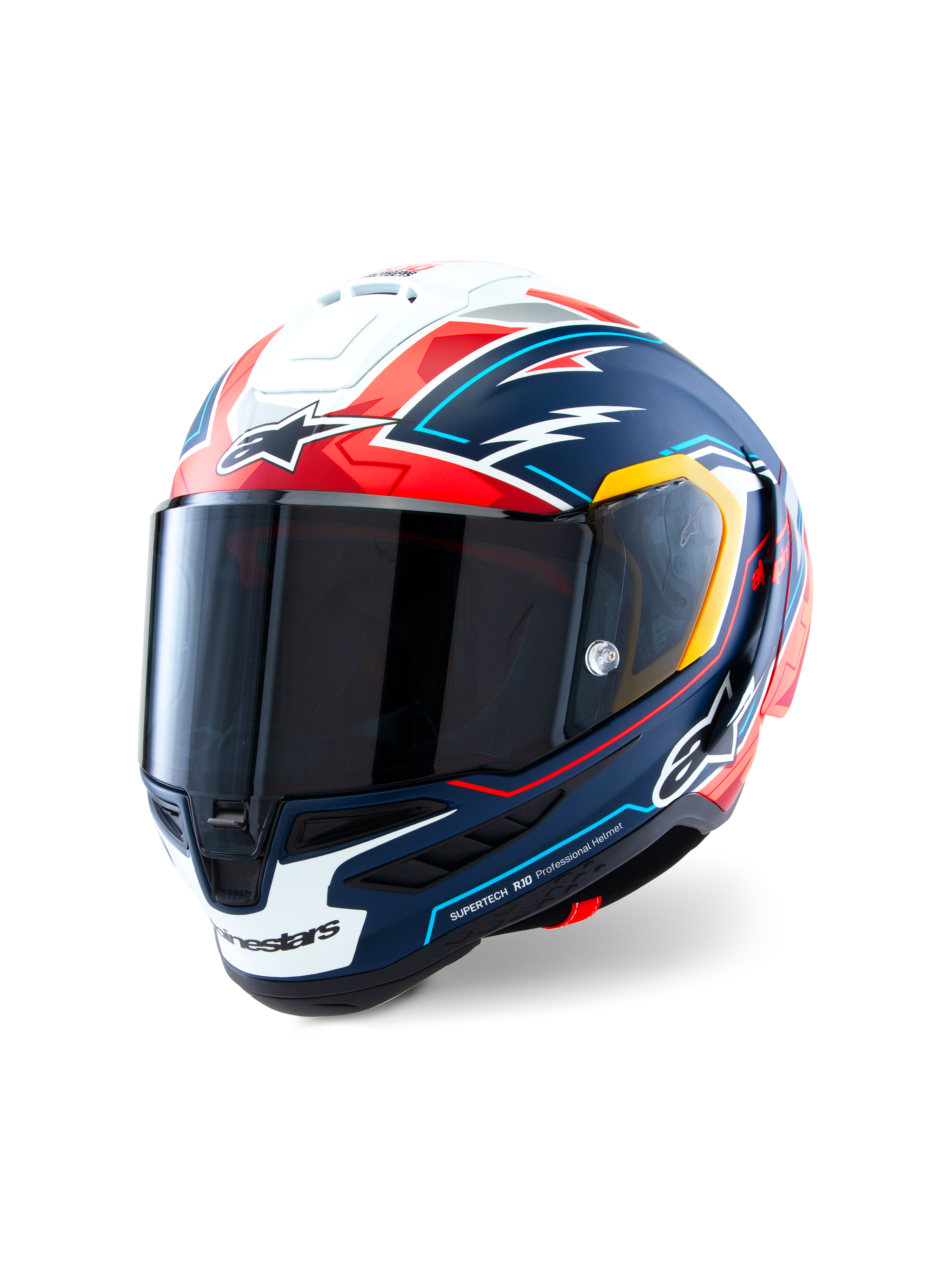 Alpinestars Supertech R10 Acosta Limited Edition hjälm, integralhjälm för motorcykelracing, matt blå, röd och vit med grafiska detaljer, aerodynamisk kolfiberskalsdesign, mörkt rökfärgat visir, högpresterande professionell skyddsutrustning