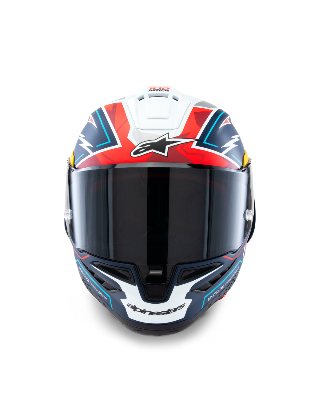 Alpinestars Supertech R10 Acosta Limited Edition hjälm, vy framifrån, matt blå, röd och vit, högpresterande racinghjälm med mörkt rökfärgat visir, djärv geometrisk design och Alpinestars-branding, kolfiberkompositskal