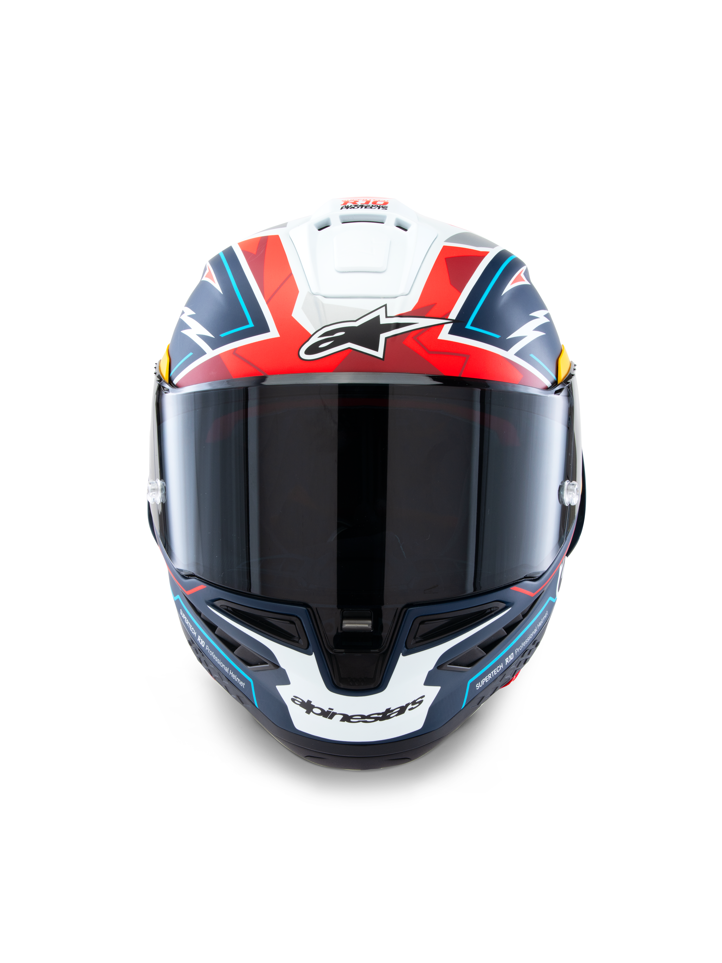 Alpinestars Supertech R10 Acosta Limited Edition hjälm, vy framifrån, matt blå, röd och vit, högpresterande racinghjälm med mörkt rökfärgat visir, djärv geometrisk design och Alpinestars-branding, kolfiberkompositskal