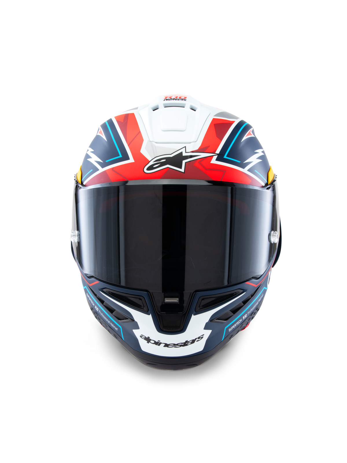 Alpinestars Supertech R10 Acosta Limited Edition hjälm, motorcykelracinghjälm med kolfiberskal, blå, röda och vita färger, ECE 22.06-, DOT- och FIM-certifierad, framifrån.