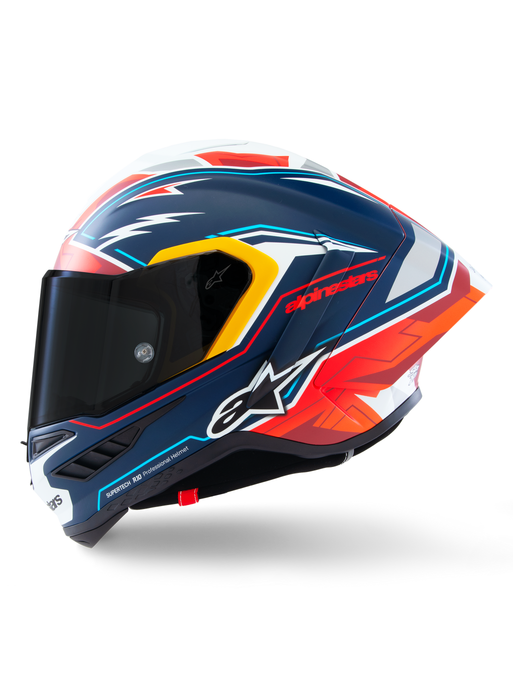 Alpinestars Supertech R10 Acosta Limited Edition-hjälm, integralhjälm för racing, mattblå med röda, vita och gula detaljer, sidovy som visar mörkt rökfärgat visir och aerodynamisk winglet, professionell kolfiberdesign för racing